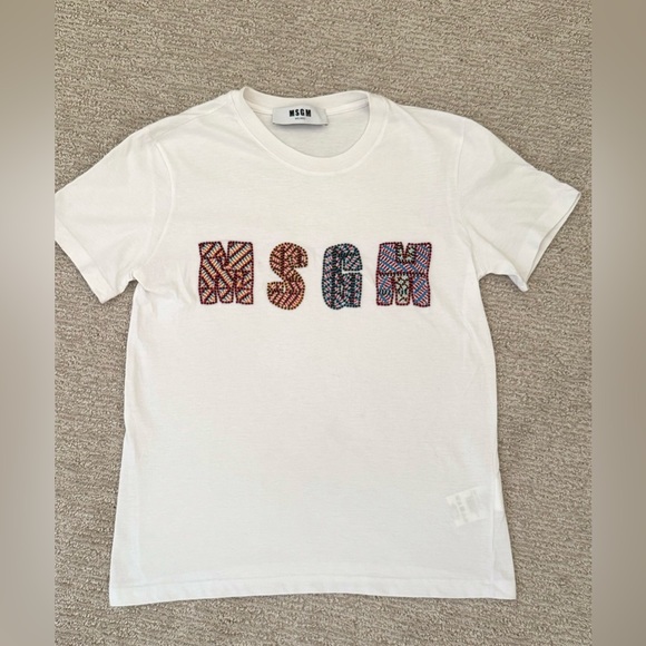 MSGM Milano T-Shirt White Jeweled Logo  Made in Italy  100% Cotton Small - Picture 1 of 9